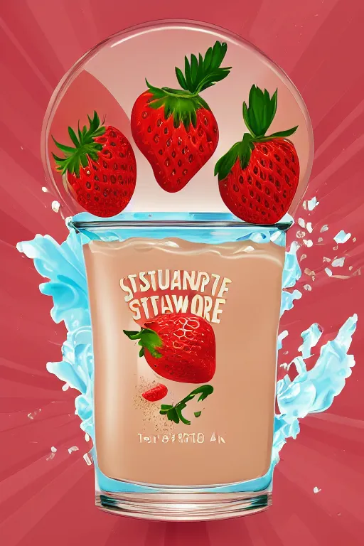 Prompt: a hyperdetailed exquisite delicate strawberry and floating milk fluid poster, plane illustration, conceptual art, fight with strawberries, t op milk brands, 4 k hd wallpaper illustration, package cover, golden curve composition