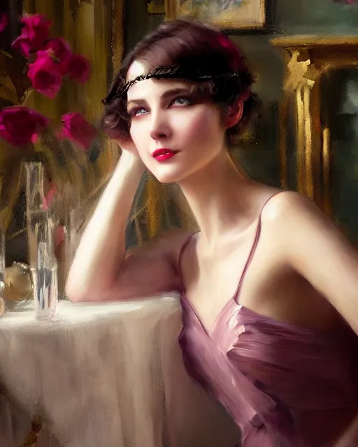 Image similar to daniel gerhartz and artgerm portrait painting of a 1 9 2 0 s beautiful woman at a party in a mansion, mansion interior in the background, unreal engine, hyper realism, realistic shading, cinematic composition, realistic render, octane render, detailed textures, photorealistic, ultrawide shot, 3 5 mm film