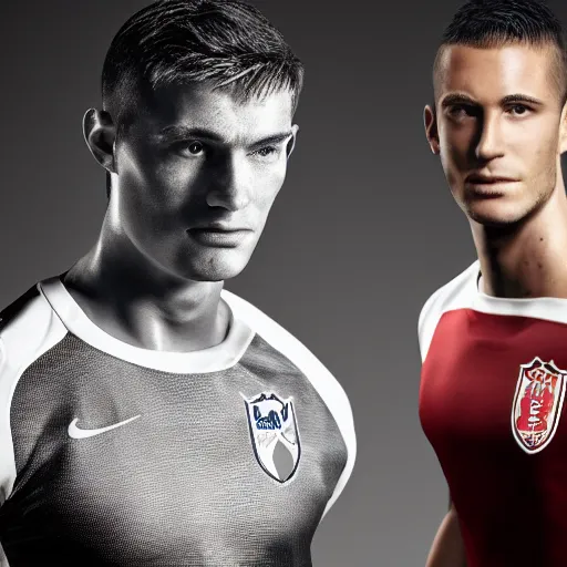 Image similar to a realistic detailed photo of a guy who is an attractive humanoid who is half robot and half humanoid, who is a male android, attractive and handsome soccer players, shiny skin, posing like a statue, blank stare, in a factory, on display, showing off his muscles, wearing soccer shorts, side view, looking at each other mindlessly