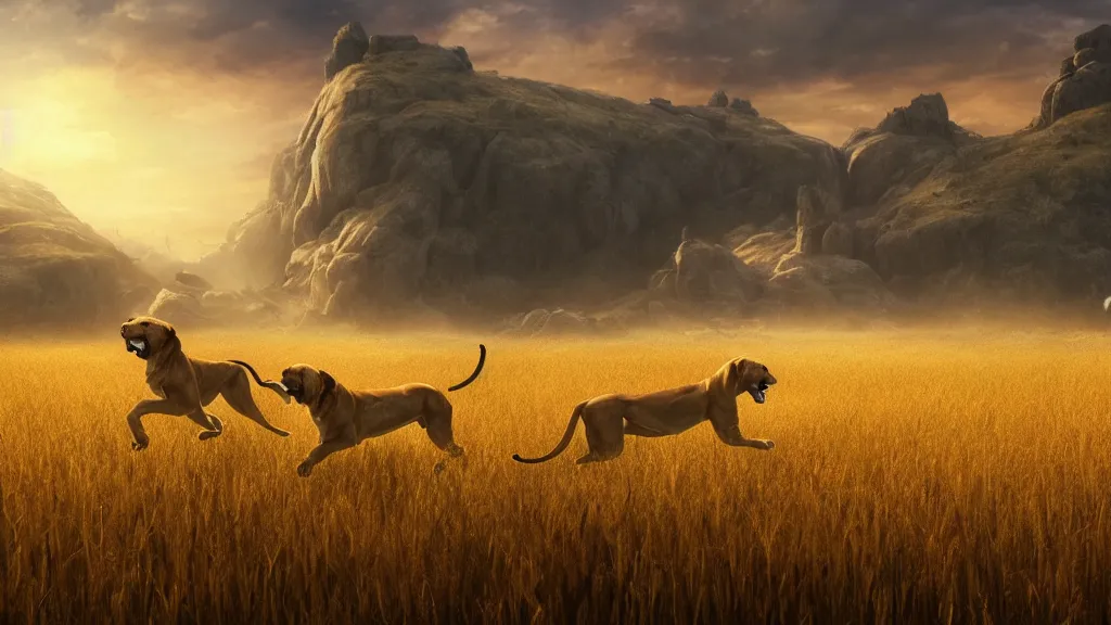 Prompt: three hounds hunting a lioness in field of golden wheat, Game of Thrones, volumetric lighting, fantasy artwork, very beautiful scenery, very realistic painting effect, hd, hdr, cinematic 4k wallpaper, 8k, ultra detailed, high resolution, artstation