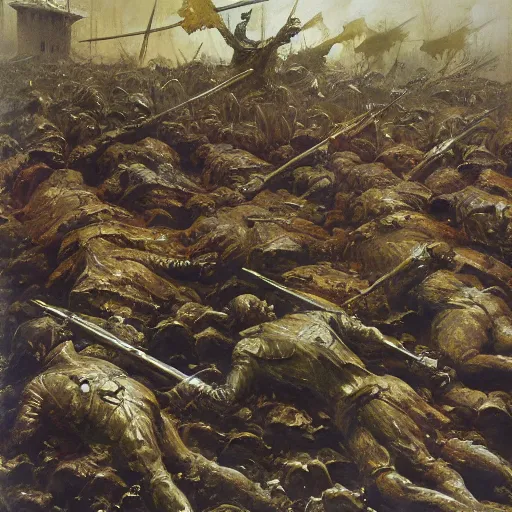 Image similar to oil painting of a ground covered in medieval silver soldier corpses, war, storm dawn, by Frank Frazetta, by Georgia O Keeffe