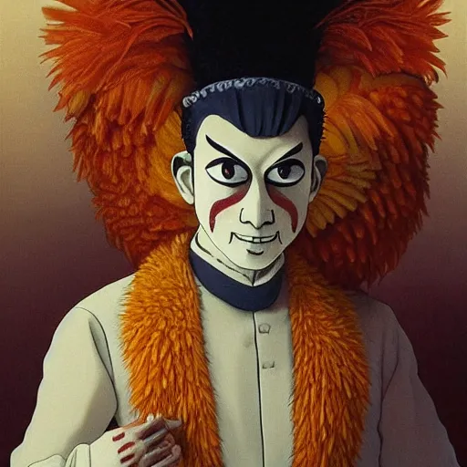 Prompt: scary portrait of an asian man dressed as a chicken, the chicken man, highly detailed painting by studio ghibli 8 k