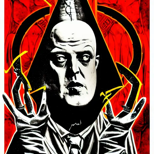 Image similar to graphic illustration, creative design, aleister crowley with baphomet, biopunk, francis bacon, highly detailed, hunter s thompson, concept art, mixed media