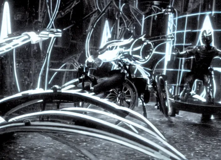 Image similar to light cycles scene from the 1 9 1 2 science fiction film tron