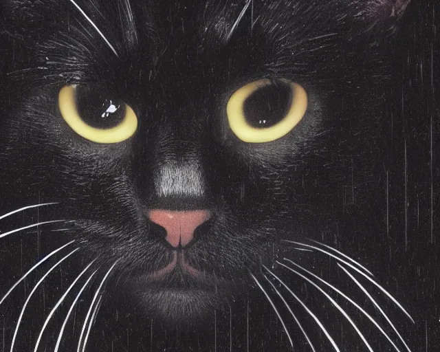 Prompt: closeup headshot of a black cat with white face except for the chin in the rain, bladerunner, backlit, night club, futurepunk, gta v, pinup, nagel, arney freytag, dark moody, cinematic, greg rutkowski, octane!