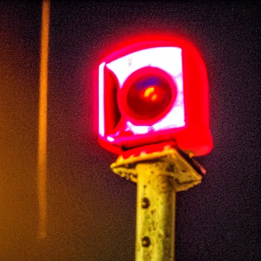 Prompt: A stunningly beautiful award-winning 8K high angle close up cinematic movie photograph of a red stop light in a spooky foggy empty lightless moonlit main intersection in an abandoned 1950s small town at night, by David Fincher and Darius Khonji. perfect composition, shot from roofline, moody low key backlit. Color palette from Seven, greens yellows and reds. 2 point perspective, high angle from 15 feet off the ground. Octane render