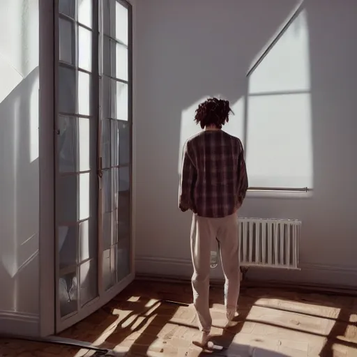 Image similar to person in pyjamas standing near window, sun rays, daylight, big french door window, big spatious room, 2 4 mm, walls left and right, window at the center, wooden floor, modern, pastel palette, winter sun, photorealistic, high ceiling