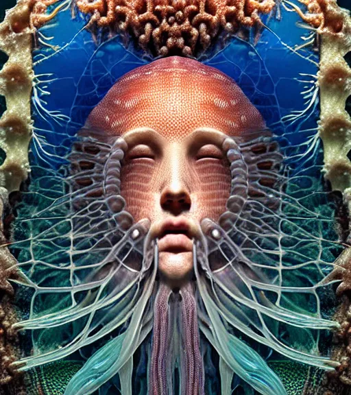 Image similar to hyperrealistic detailed underwater face portrait of the beautiful god of the jellyfish with an intricate headgear of corals, sea kelp, sea plants, fish, starfish, jellyfish, art by ernst haeckel, victor ngai, john william godward, android jones, gothic, neo - gothic, ornamental, beautiful deep colours,