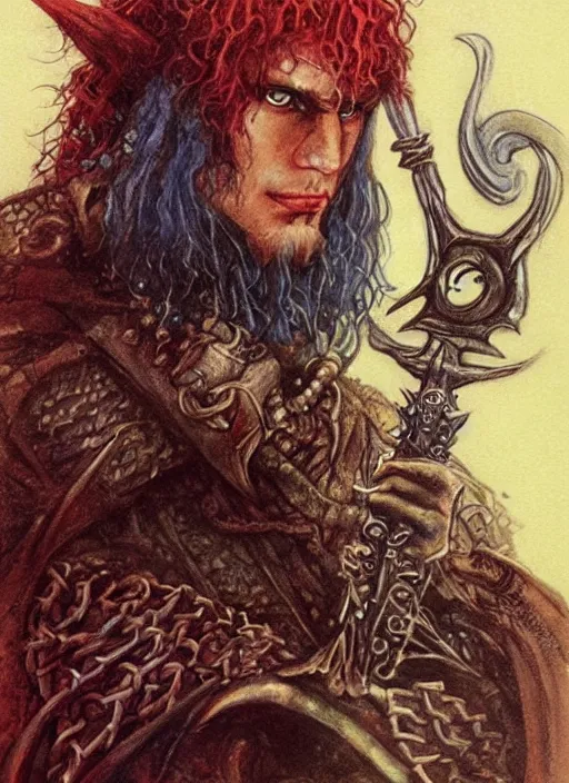 Image similar to portrait of one eyed wizard, beautiful! coherent! dungeons and dragons character, by brian froud, strong line, deep color, chainmail, short red hair, high contrast