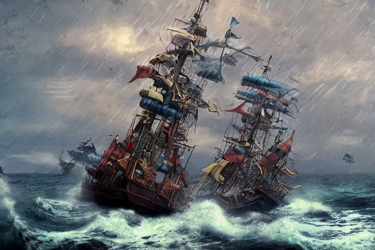 Image similar to epic pirate ship cannon battle in a storm, in the style of vernon grant and chris van allsburg, trending on artstation, bright tilt - shift camcorder effect, photoshop, retrowave, hyperrealism, octane, sharp focus, masterpiece