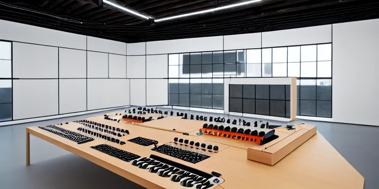 Prompt: dezeen showroom , minimalissimo, archdaily, teenage engineering moad, mother of all decks, product design concept, top down view of wires & synthesizer made by frank gehry , dieter rams, 8k, high detailed photo