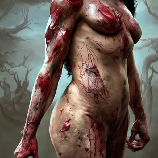 Prompt: portrait painting of a muscular bloodied dark nepali female butcher thighs, tattooed, scars, ultra realistic, concept art, intricate details, eerie, highly detailed, photorealistic, octane render, 8 k, unreal engine. art by artgerm and greg rutkowski and alphonse mucha