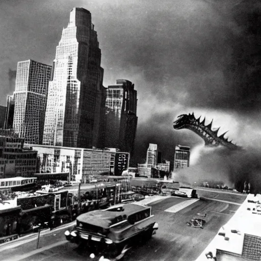 Prompt: a newsreel photo of godzilla rampaging through downtown minneapolis