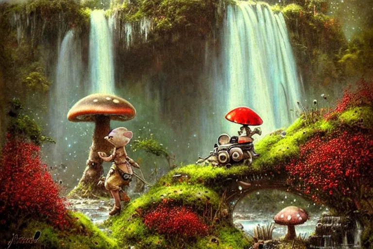 Image similar to adventurer ( ( ( ( ( 1 9 5 0 s retro future robot android mouse tractor in forrest of giant mushrooms, moss and flowers stone bridge waterfall. muted colors. ) ) ) ) ) by jean baptiste monge!!!!!!!!!!!!!!!!!!!!!!!!! chrome red