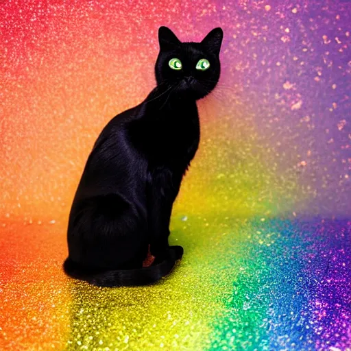 Prompt: a photo of a black cat with ( ( rainbow ) ) glitter, highly detailed, photorealistic, f 2. 8, in - frame, sharpened