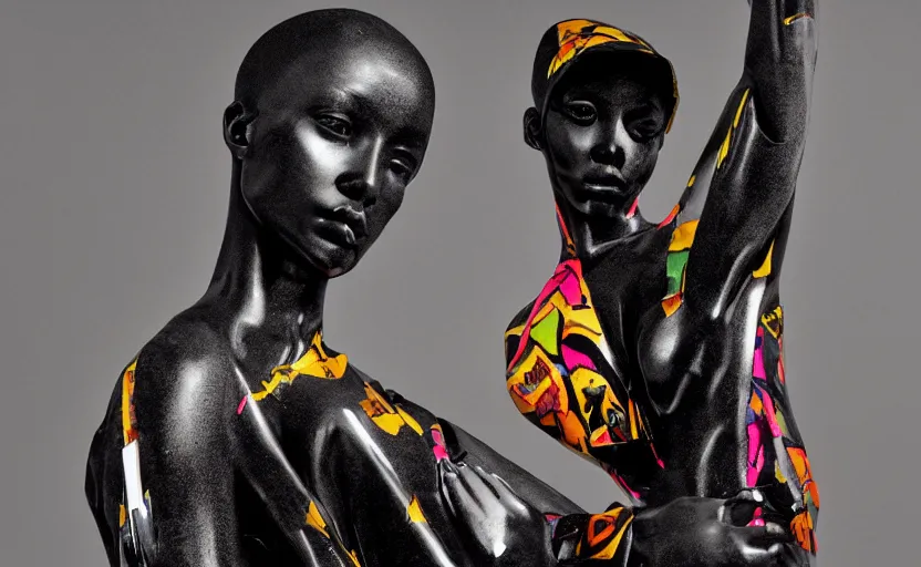 Image similar to extremely beautiful female black marble statue in the style of virgil abloh, colorful motocross logos behind her, sharp focus, clear, detailed,, cinematic, detailed, off white, glamourous, symmetrical, vogue, editorial, fashion, magazine shoot, glossy