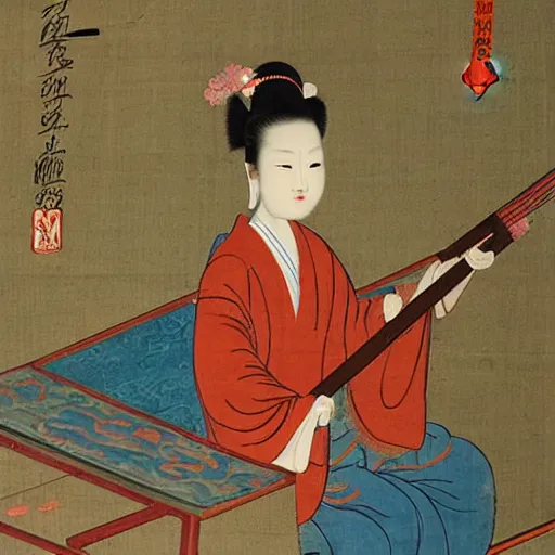 Prompt: the Chinese ancient painting of a lady playing keyboard in Tang Dynasty , by Han Xizai