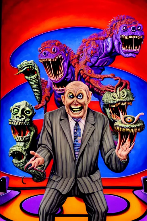 Image similar to a hyperrealistic painting of a trippy gameshow announcer with a panel of monsters playing jeopardy. cinematic horror by jimmy alonzo, the art of skinner, chris cunningham, lisa frank, richard corben, highly detailed, vivid color,