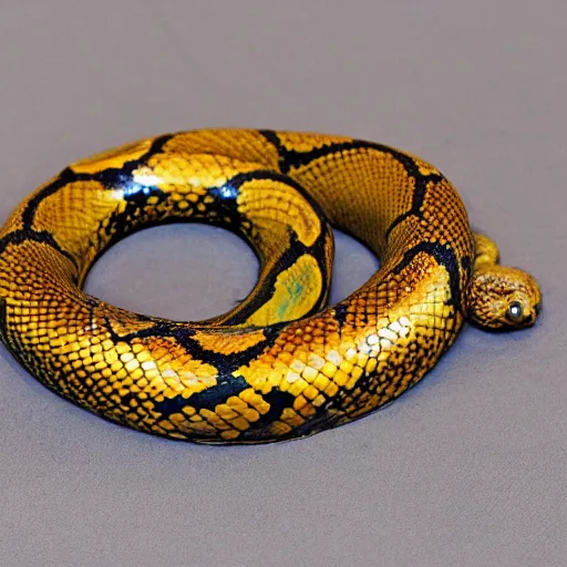 Prompt: beautiful coiled snake with metallic gold and red scales