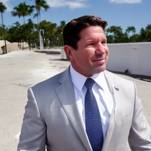 Image similar to ron desantis in a suit, sweating profusely