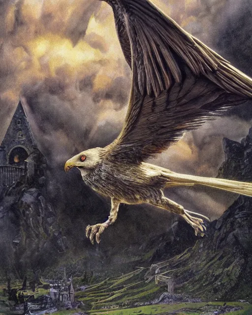 Prompt: wide shot low angle full body hyppogriff from Harry Potter and the Prisoner of Azcaban flying in the sky, highly detailed, sharp focus, digital painting, oil painting, artwork, museum work, by Robert Bateman, by Carl Brenders,