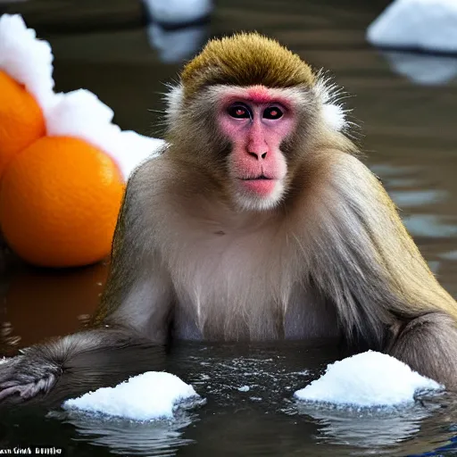 Image similar to a Japanese macaque in a snowy hot spring, oranges floating in the water, early morning