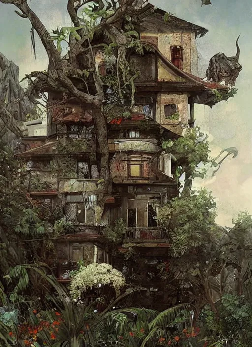 Image similar to a hyper realistic house on a hill distant explosions, gorgeous lighting, lush foliage, painting by chiara bautista and tom bagshaw, mucha, beksinski and norman rockwell and greg rutkowski weta studio, and lucasfilm