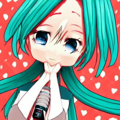 Image similar to hatsune mikue in a sweater rapper with microphone dark art