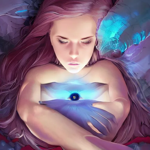 Prompt: Art station concept of a beautiful girls laying in front of a dark deamon, compulsion, Hypnosis, hypnotising, hypnotic eyes, light blue eyes, spiral eyes, symmetrical face, by Stanley Artgerm Lau, WLOP, Rossdraws, James Jean, Andrei Riabovitchev, Marc Simonetti, and Sakimichan, trending on artstation