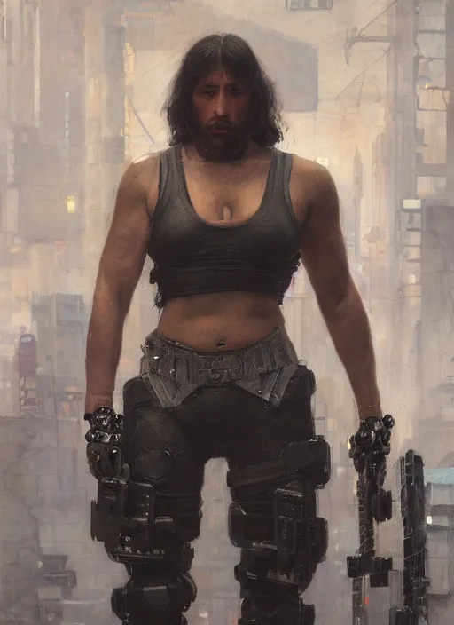 Image similar to weightlifter with super large robot arms. cyberpunk mercenary minion in a military vest ( blade runner 2 0 4 9, cyberpunk 2 0 7 7 ). orientalist portrait by john william waterhouse and james gurney and theodore ralli and nasreddine dinet, oil on canvas. cinematic, hyper realism, realistic proportions, dramatic lighting, high detail 4 k