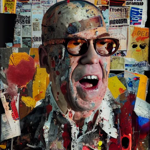 Image similar to hyperrealistic, photorealistic, mixed media oil painting of hunter s thompson, magazine scraps, plaster, blood, oil, mustard, splatter, greg rutkowski, basquiat, ralph steadman, wesley kimler, terry gilliam, andy warhol, dali