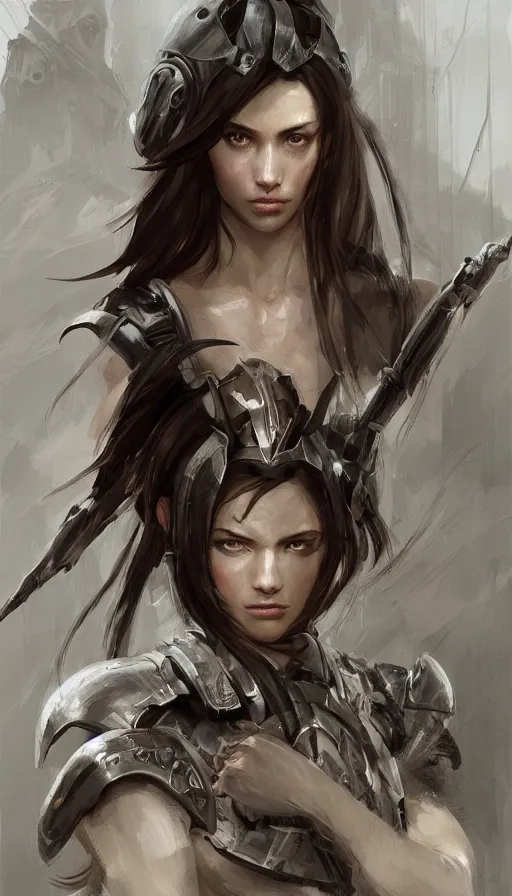 Image similar to a professional portrait of an attractive young female, partially clothed in battle armor, olive skin, long dark hair, beautiful bone structure, symmetrical facial features, intricate, elegant, digital painting, concept art, illustration, sharp focus, from Metal Gear, in the style of Ruan Jia and Mandy Jurgens and GregRutkowski and William-Adolphe Bouguerea, 3:4 ratio