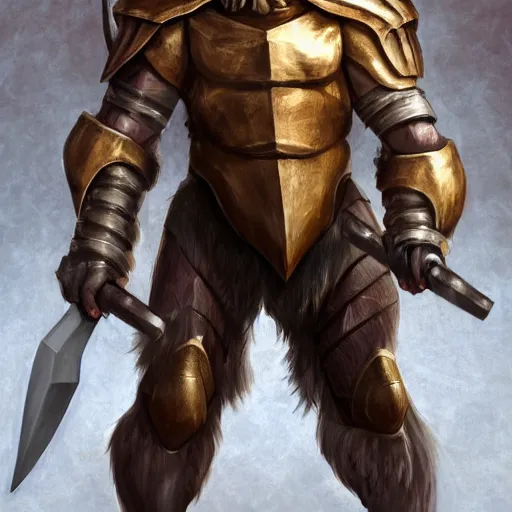 Image similar to Giant minotaur humanoid beast warrior with two handed axe, human face, concept art, heavy white and golden armor, giant taurus horns, long mane, full body, muscular, dungeons and dragons, hyperrealism, high details, digital painting, dark fantasy, grim helmet