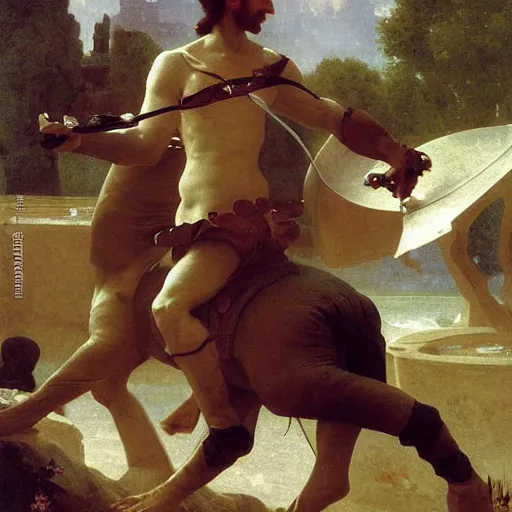 Prompt: A giant snail attacking a knight, oil on canvas, fantasy, highly detailed, epic, by William-Adolphe Bouguereau