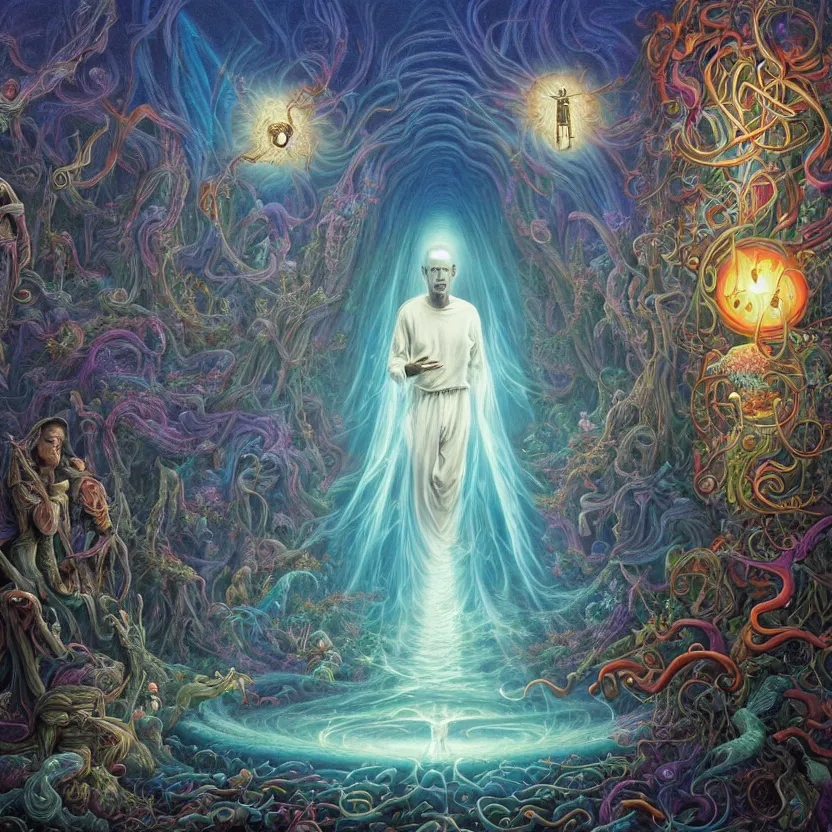 Prompt: a photorealistic detailed image of a lost soul finding his way to the afterlife, spiritualism, wordly, utopian, triumphant, cinematic, epic, grandiose, unhinged, biology, surrealistic, by jason felix, dan mumford, kinkade, lisa frank, lois van baarle, ross tran, wpa, public works mural, orthodoxy