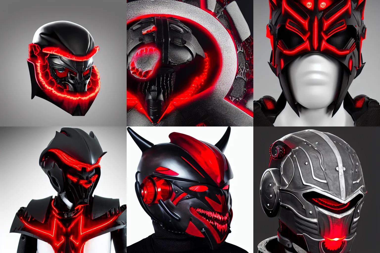 Prompt: mega evil black and red cyborg helm with jagged spiralling horns 4 k