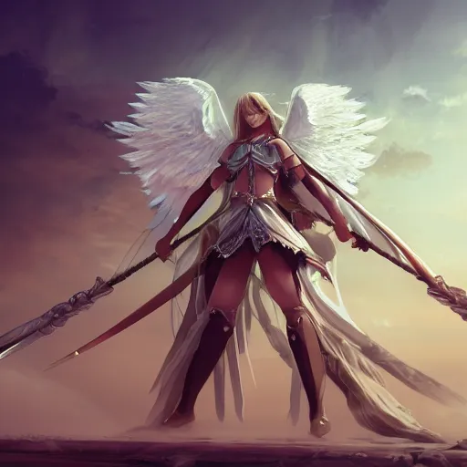 Image similar to epic cinematic anime concept art. Seraphim angel girl holding a giant holy halberd, wearing shining armor at sunrise. ArtStation, Pixiv