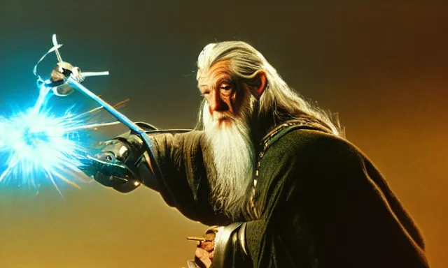 Prompt: gandalf with large robotic cyber - arm battling the balrog 3 5 mm photograph