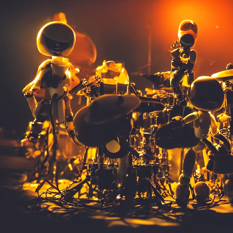 Image similar to a beautiful electronic concert photo shot of a couple of threea toys figurines by ashley wood, octopus robots playing drums and fender telecaster guitar, black background, concert light, dark mood, warm lights