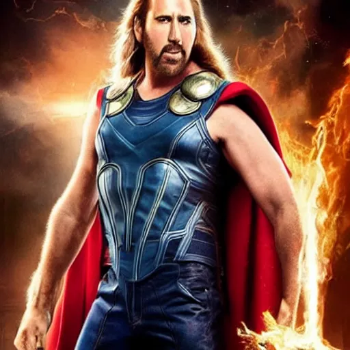 Image similar to nicholas cage as marvel's thor, movie poster