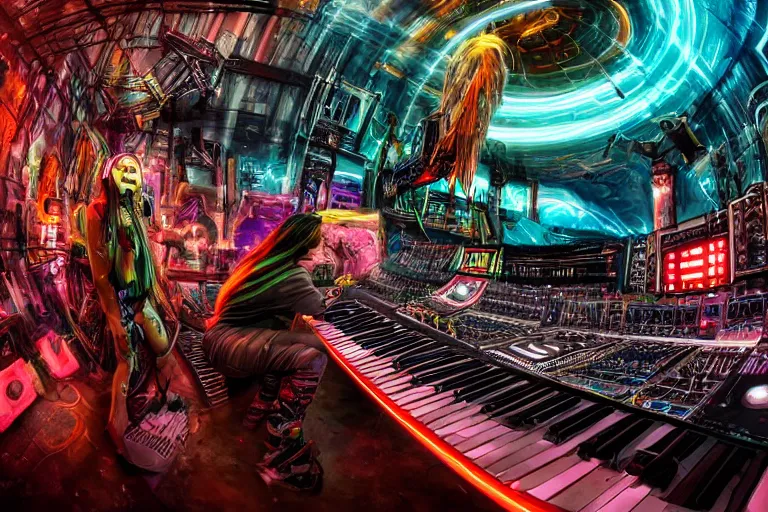 Image similar to a fisheye lens photo of a post apocalyptic tribal neon cyborg dj tweaking and playing synthesizers in the most complicated and technical spiral fractal musical studio, powerful, cinematic, beautifully lit, by donato giancola, by artgerm, by karol bak, 3 d, perfect face and body, trending on artstation, octane render, 8 k