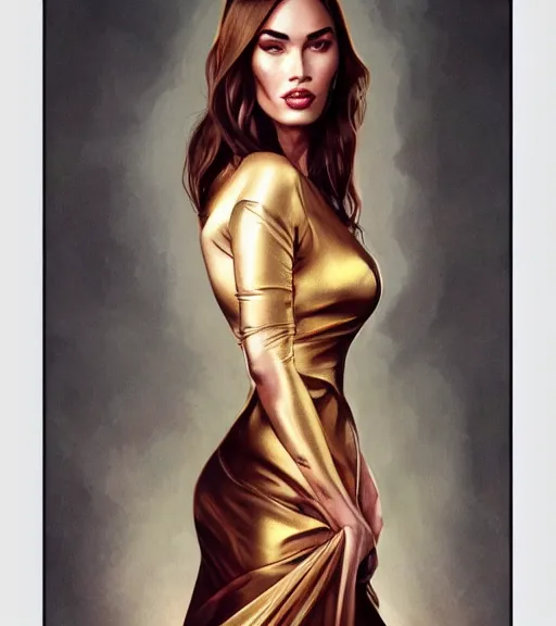 Image similar to megan fox wearing a golden dress, grey hair, red necktie, cinematic, stunning, highly detailed, digital painting, artstation, smooth, hard focus, full body shot, illustration, art by artgerm and greg rutkowski and alphonse mucha