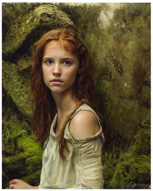 Prompt: a well - lit, realistic oil painting portrait of a girl resembling a young, shy, redheaded irish alicia vikander or millie bobby brown in moss - covered ancient stone ruins at sunset, highly detailed, intricate, concept art, artstation, by donato giancola, ron cobb, and artgerm