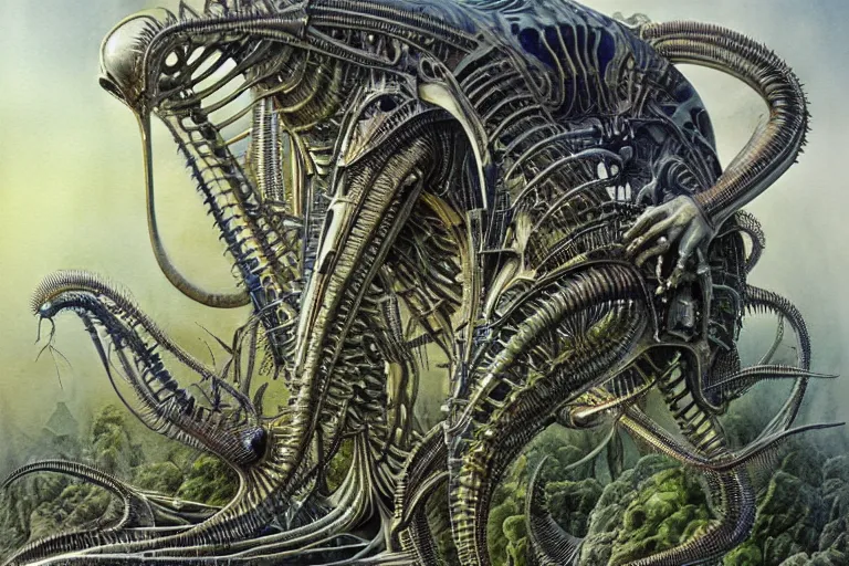 Image similar to a surreal and awe - inspiring science fiction landscape, alien plants and animals, intricate, elegant, uplifting, happy, inspirational, highly detailed watercolor painting by h. r. giger and mark brooks