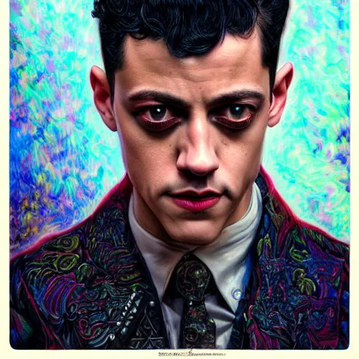 Image similar to portrait of rami malek, hyper detailed masterpiece, neon floral pattern, jean giraud, digital art painting, darkwave goth aesthetic, psychedelic, artgerm, donato giancola and tom bagshaw