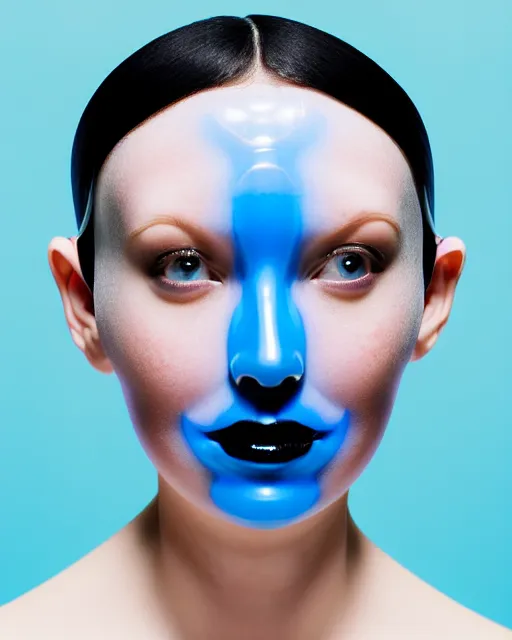 Image similar to symmetrical close - up portrait of a woman wearing a translucent silicone beauty mask and blue hair buns, wearing a black bodysuit by alexander mcqueen, blue background, soft diffused light, biotechnology, humanoide robot, bjork aesthetic, translucent, by rineke dijkstra, intricate details, highly detailed, masterpiece,