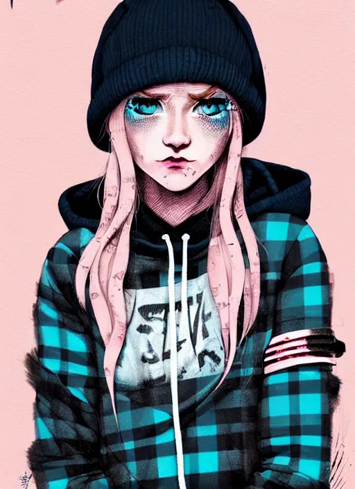 Prompt: highly detailed portrait of a swedish sewer punk lady student, blue eyes, tartan hoody, hat, white hair by atey ghailan, by greg tocchini, by kaethe butcher, gradient pink, black, brown, cream and light blue color scheme, grunge aesthetic!!! ( ( graffiti tag wall white background ) )
