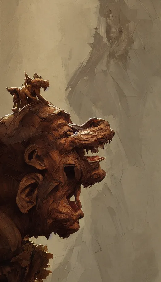 Image similar to wooden gargoyle profiles, paint texture, digital painting, highly detailed, artstation, sharp focus, sunlit, painted by ruan jia, raymond swanland, lawrence alma tadema, zdzislaw beksinski, norman rockwell, jack kirby, tom lovell, alex malveda, greg staples