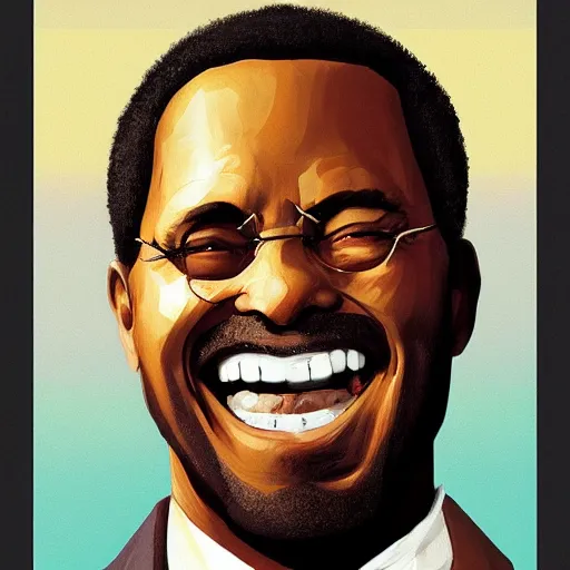 Image similar to old black man portrait, face smiling, golden teeth, flat background, greg rutkowski gta san andreas art