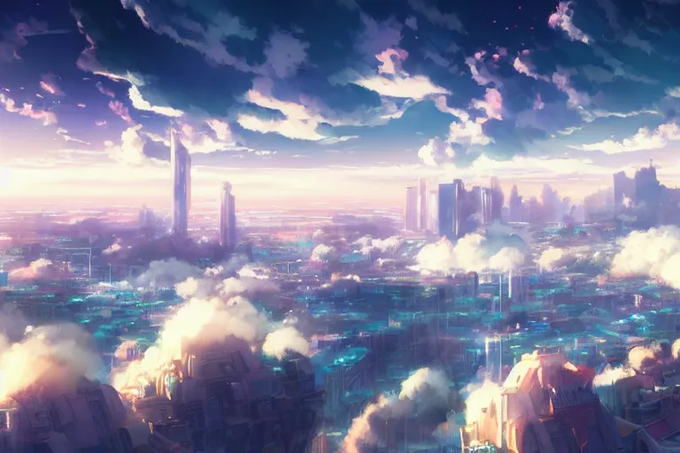 Image similar to a zoom shot ultra realistic city floating on clouds, colors, 8 k, hd, details, fantasy, epic, ancient city, landscape illustration concept art anime key visual trending pixiv fanbox by wlop and greg rutkowski and makoto shinkai and studio ghibli and kyoto animation symmetrical facial features